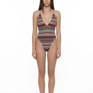 Striped Multicolor Deep V One-Piece Swimsuit